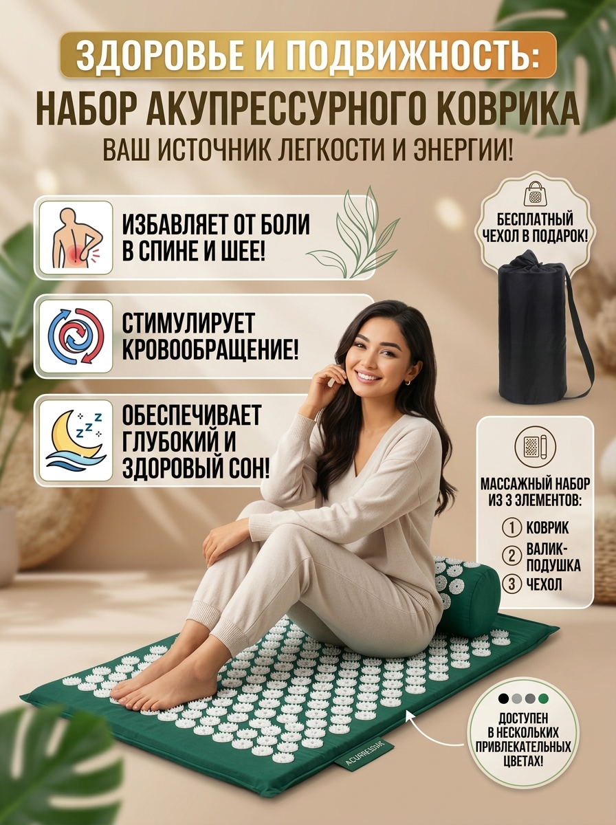 Аппликатор Кузнецова-массажный коврик для шеи и всего тела, Массажный коврик с подушкой - 