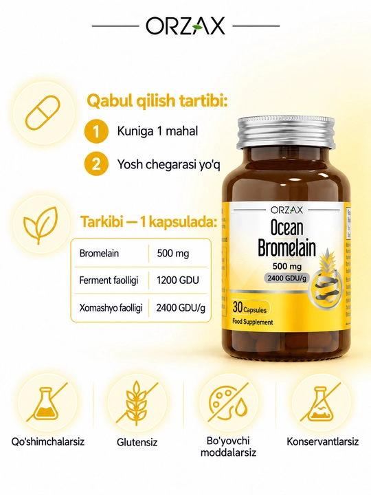 OCEAN Bromelain — фермент бромелайн для пищеварения и уменьшения отёков, 30 капсул, Халяль