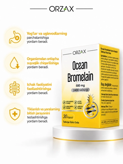 OCEAN Bromelain — фермент бромелайн для пищеварения и уменьшения отёков, 30 капсул, Халяль
