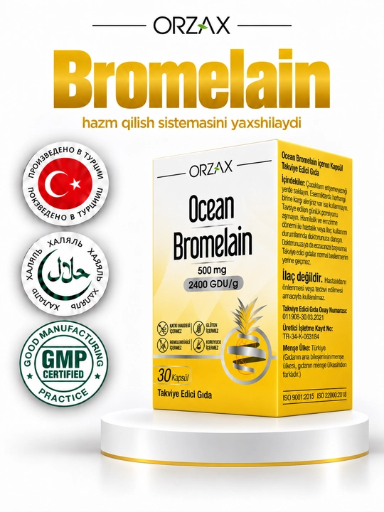 OCEAN Bromelain — bromelain fermenti, ovqat hazm qilish va shishlar uchun 30 kapsula Halol - 