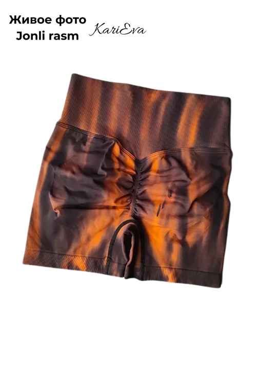 Шорты спортивные, велосипедки, Push-up, Tie-dye, с высокой посадкой, утягивающие
