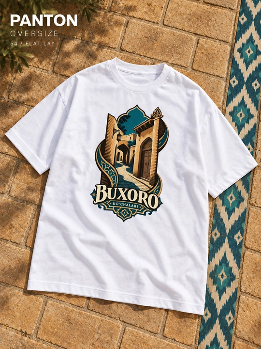 PANTON BUXORO printli oq oversize uniseks futbolka, 100% paxta