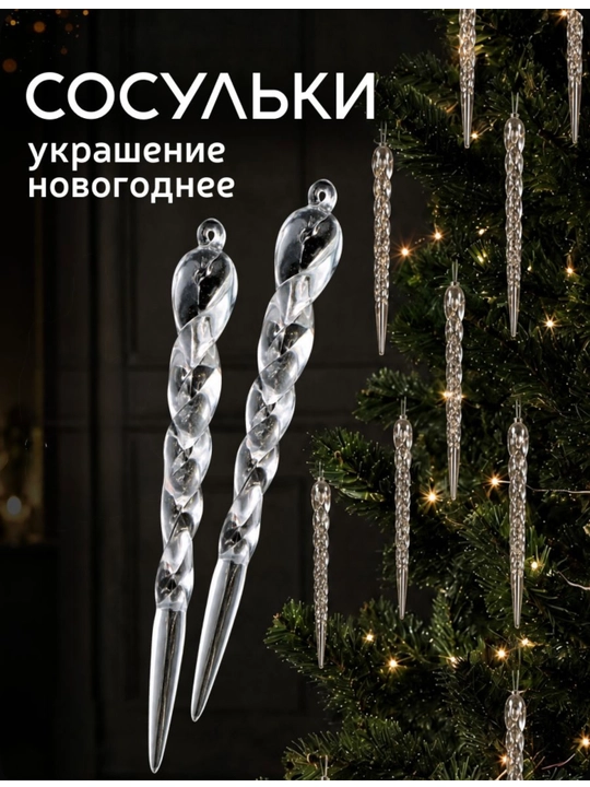 Новогодние игрушки на елку сосульки прозрачные 3 и 6 шт, елочный декор - 