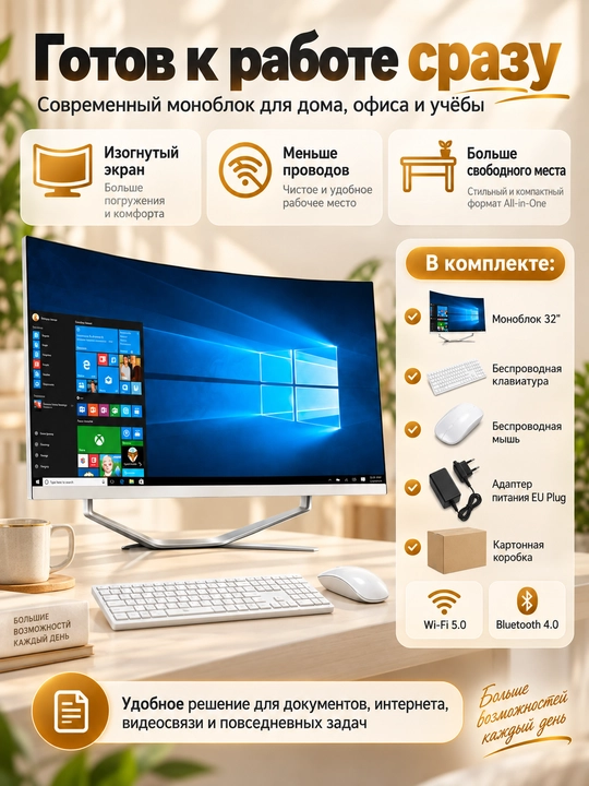 Современный моноблок с большим 32-дюймовым изогнутым экраном