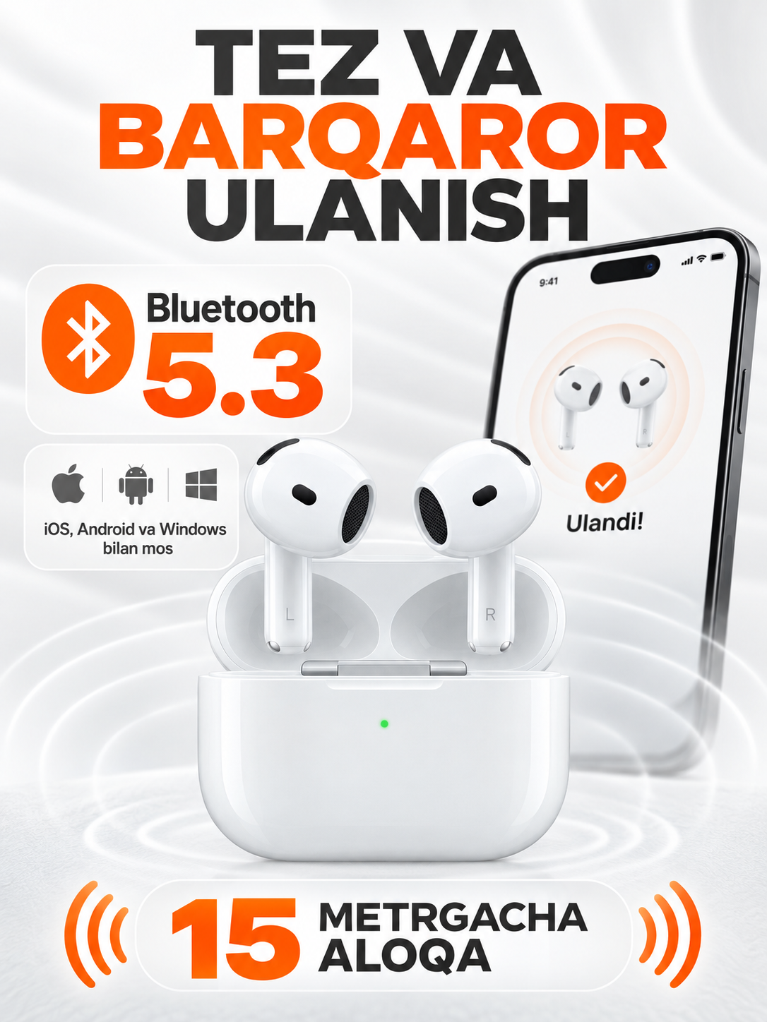 A Pods 4 ANC simsiz quloqchin, Bluetooth 5.3, iPhone va Android uchun, chexol sovg‘a