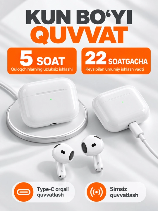 A Pods 4 ANC simsiz quloqchin, Bluetooth 5.3, iPhone va Android uchun, chexol sovg‘a
