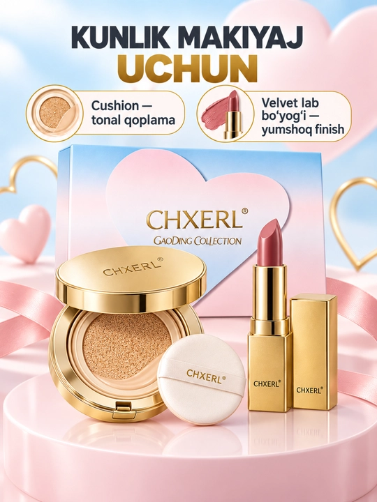 Ayolar uchunkosmetika sovg‘a to‘plami, cushion 15 g va velvet lab bo‘yog‘i 3 g