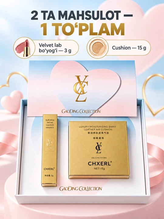 Ayolar uchunkosmetika sovg‘a to‘plami, cushion 15 g va velvet lab bo‘yog‘i 3 g