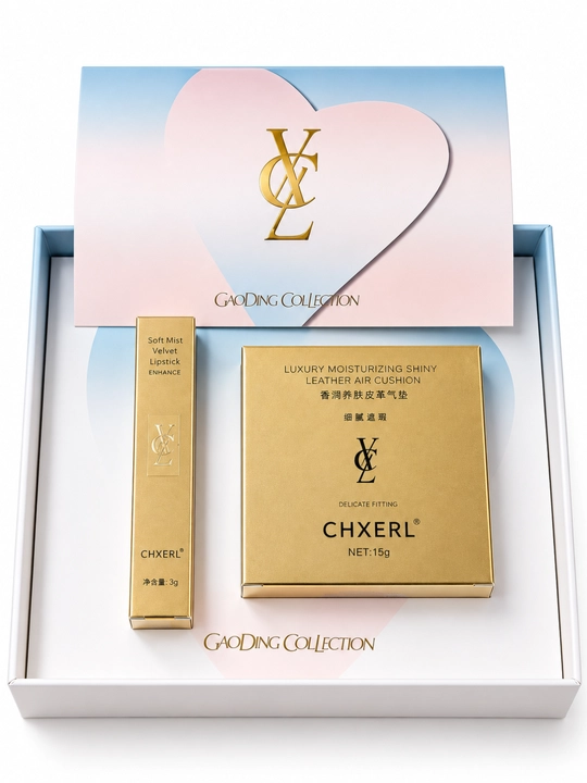Ayolar uchunkosmetika sovg‘a to‘plami, cushion 15 g va velvet lab bo‘yog‘i 3 g