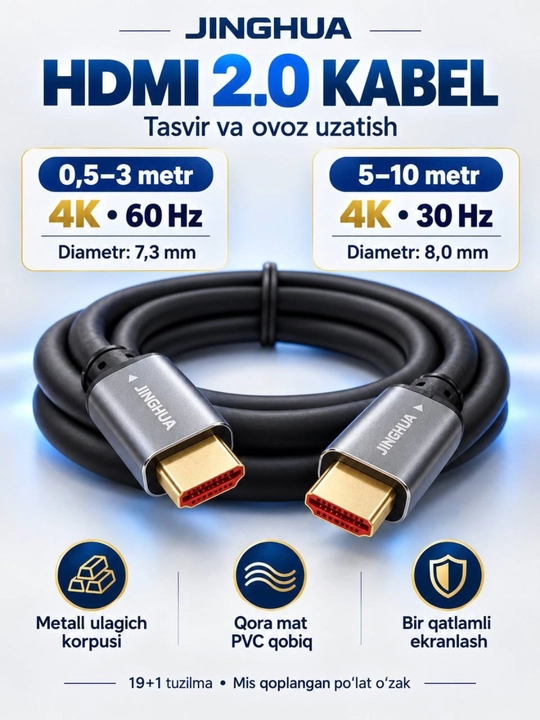 Кабель Jinghua HDMI 2.0, HDMI–HDMI, 4K, металлические корпуса разъёмов, чёрный - 