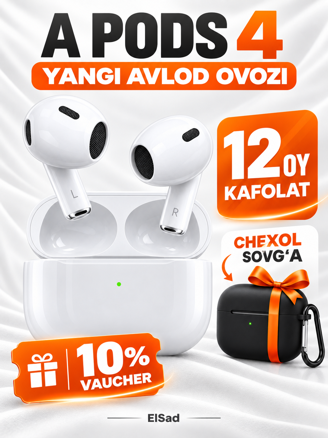 Беспроводные наушники A Pods 4 ANC, Bluetooth 5.3, для iPhone и Android, чехол в подарок - 