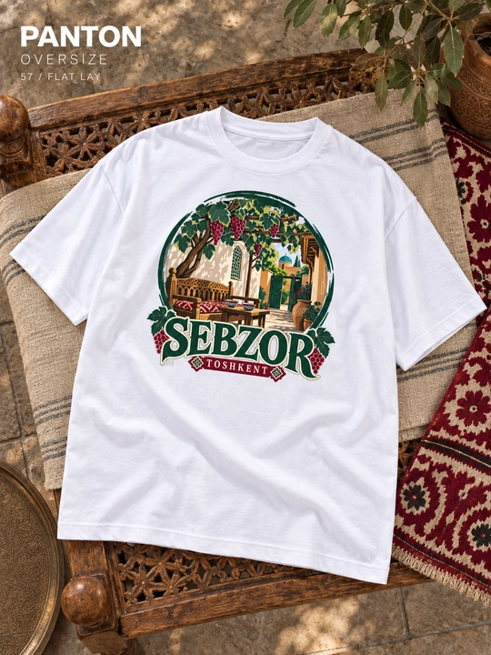 PANTON SEBZOR printli oq oversize uniseks futbolka, 100% paxta