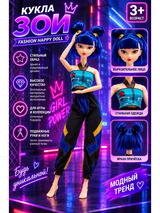 Модная кукла Fashion Happy Doll — стильная кукла с подвижными руками и ногами - 