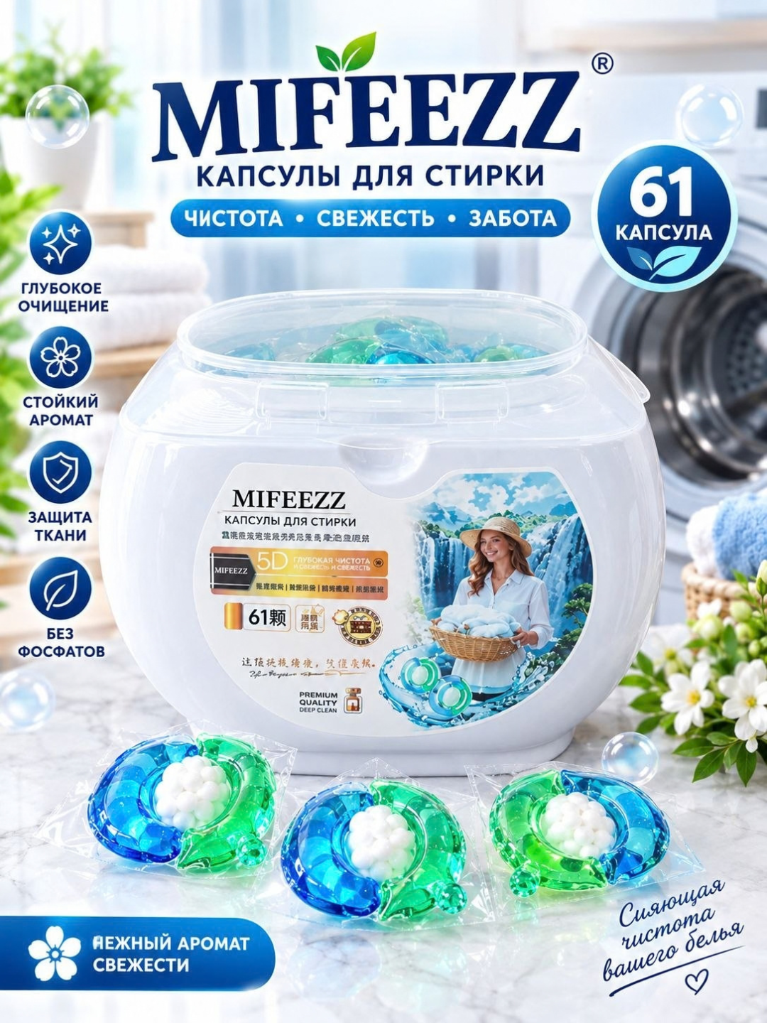 Капсулы для стирки, MIFEEZZ, кондиционеры и отбеливатели, 61 шт - 