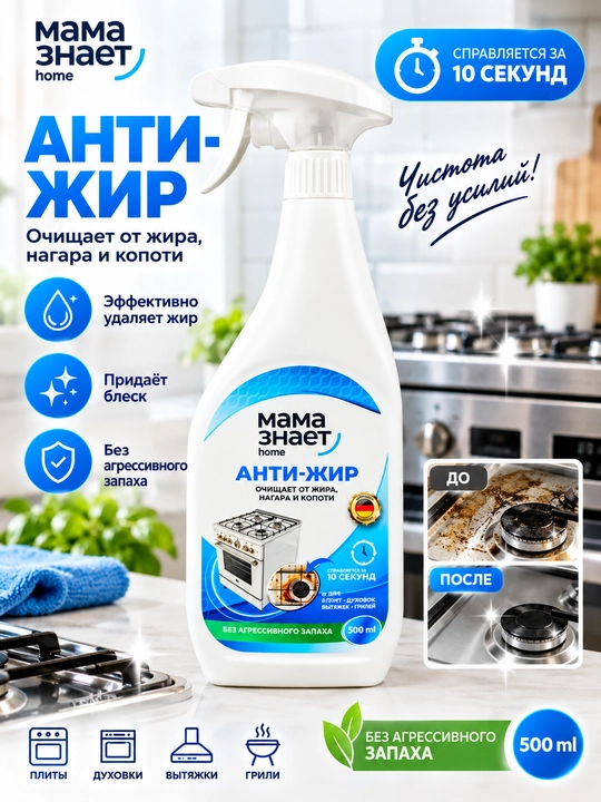 Mama Znaet Antijir — oshxona uchun yog‘ va kuyiklarni tozalovchi vosita - 