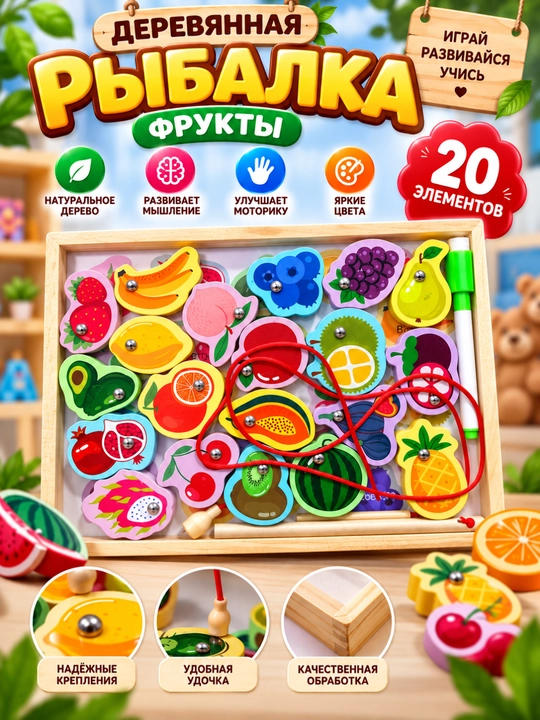 Развивающая деревянная магнитная рыбалка для детей: Динозавры и Фрукты - 