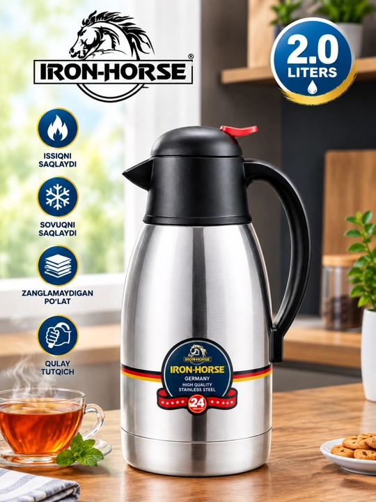 IRON-HORSE 2L vakuum termos-kanna, zanglamaydigan po‘lat - 