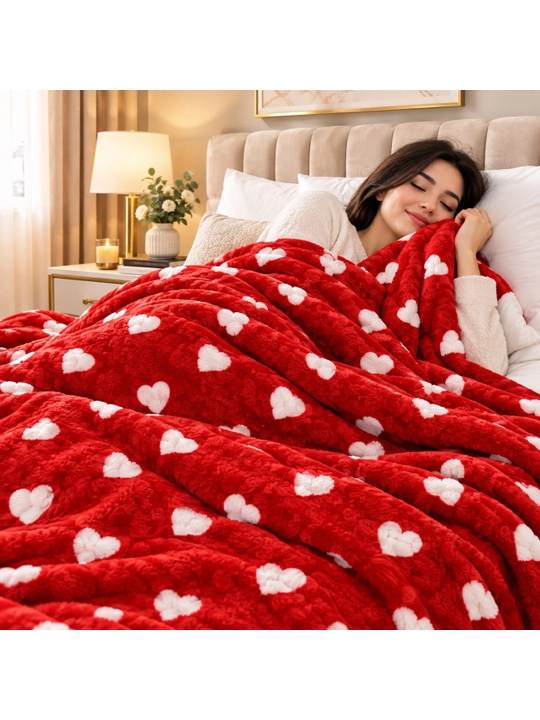 Kattalar uchun 200×220 sm o‘lchamli, uy va divan uchun mo‘ljallangan, yumshoq va issiq, yurakchali dizaynli adyol