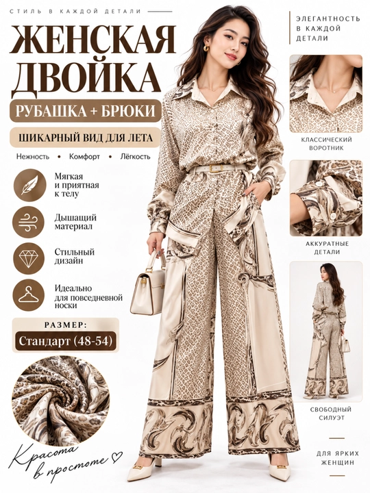 Ayollar uchun yozgi ikkilik ko‘ylak+ko‘ylak kostyum+shim, sun’iy ipakdan, 48-54-standart - 