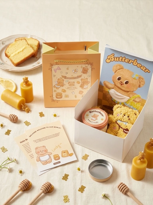 Butterbear qahramoni uslubidagi xushbo‘y sham yumshoq o‘yinchoqdan iborat sovg‘a to‘plami - 