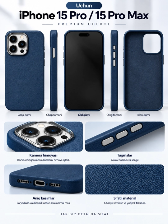 IPhone 15 Pro Max / 15 Pro chexol, premium teri, kamera himoyasi, zarbaga chidamli