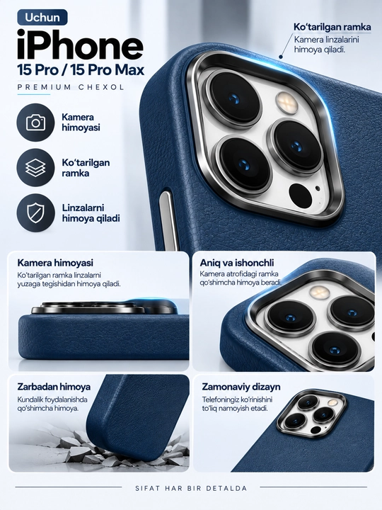 IPhone 15 Pro Max / 15 Pro chexol, premium teri, kamera himoyasi, zarbaga chidamli