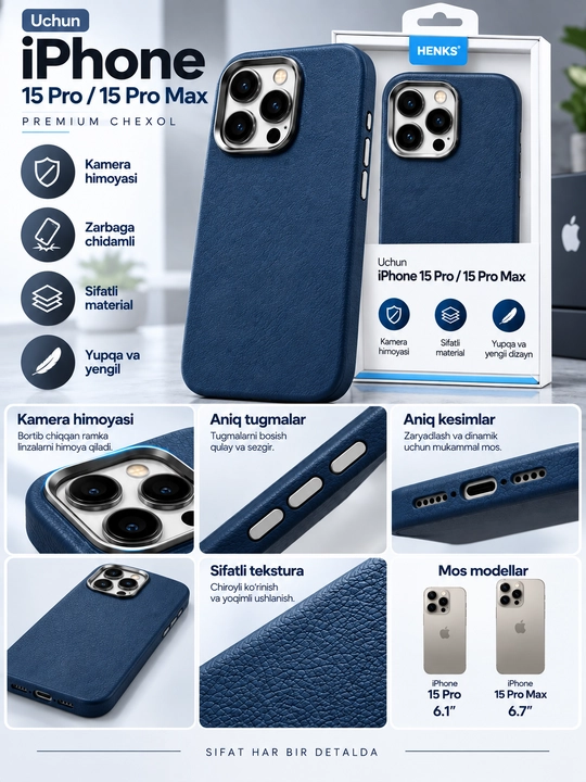 IPhone 15 Pro Max / 15 Pro chexol, premium teri, kamera himoyasi, zarbaga chidamli - 