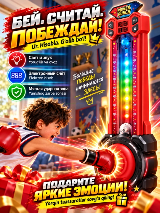 Боксерский силомер Power Punch настенный, свет и звук, электронная игра для детей