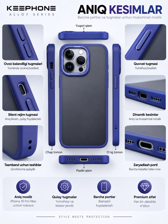 IPhone 14 Pro Max chexol, Alloy Series, ko‘k ramkali, kamera himoyali, zarbaga chidamli