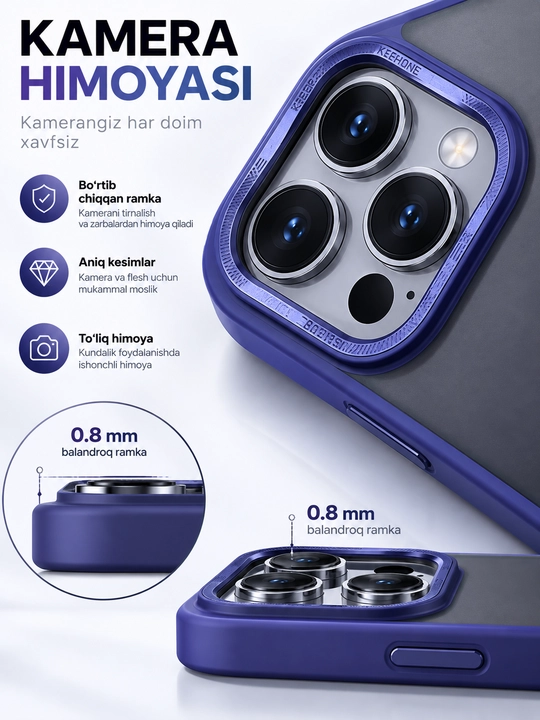 IPhone 14 Pro Max chexol, Alloy Series, ko‘k ramkali, kamera himoyali, zarbaga chidamli