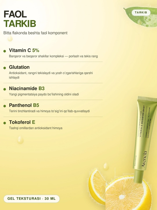C vitamin bilan pigmentatsiya qarshi kuchaytiruvchi zardob Arencia Vitamin C Booster Shot