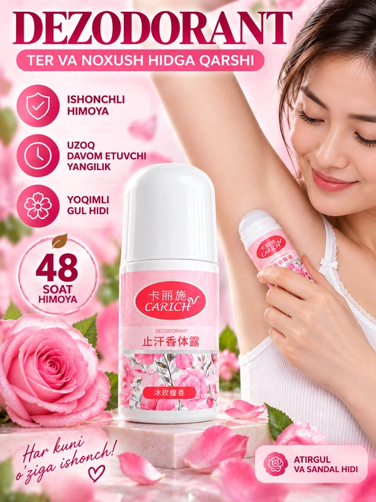 CARICH ayollar uchun dezodorant-antiperspirant sharikli atirgul hidli 48 soat