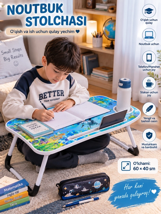 Portativ va yig‘ma stol. O‘qitish yoki noutbukda ishlash uchun qulay