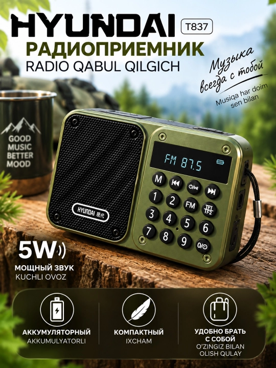 Портативный радиоприемник Hyundai радио FM/AM BLuetooth/USB/Micro SD 5W аккумуляторный - 