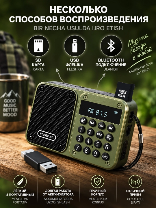 Портативный радиоприемник Hyundai радио FM/AM BLuetooth/USB/Micro SD 5W аккумуляторный