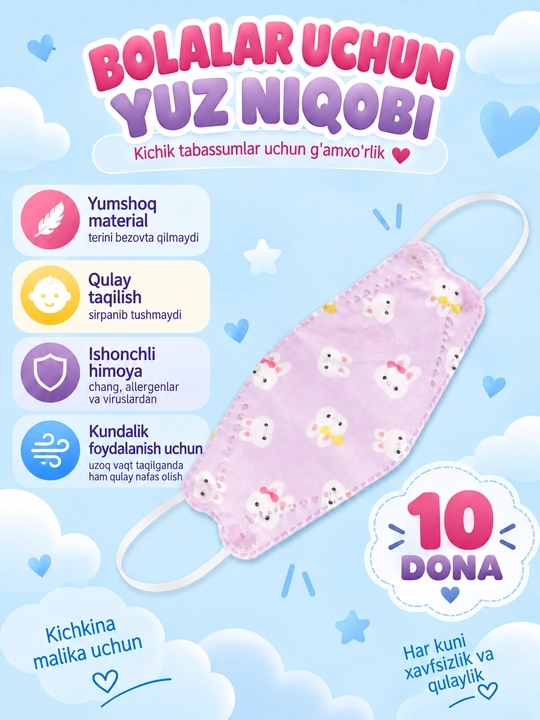 Bolalar uchun KF94 respirator niqoblari, 4 qatlamli, 10 dona/ 20 dona - 