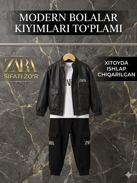 O‘g‘il bolalar uchun ekocharmdan tikilgan kurtka, futbolka va shim to‘plami