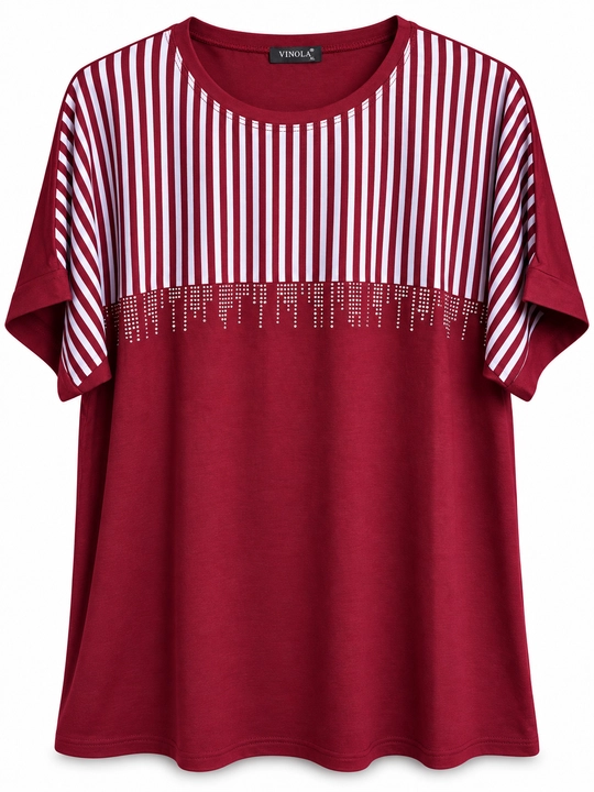 VINOLA yo‘l-yo‘l, strasli ayollar futbolkasi, L–2XL, Turkiya