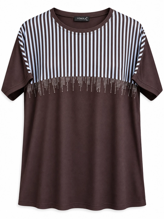 VINOLA yo‘l-yo‘l, strasli ayollar futbolkasi, L–2XL, Turkiya