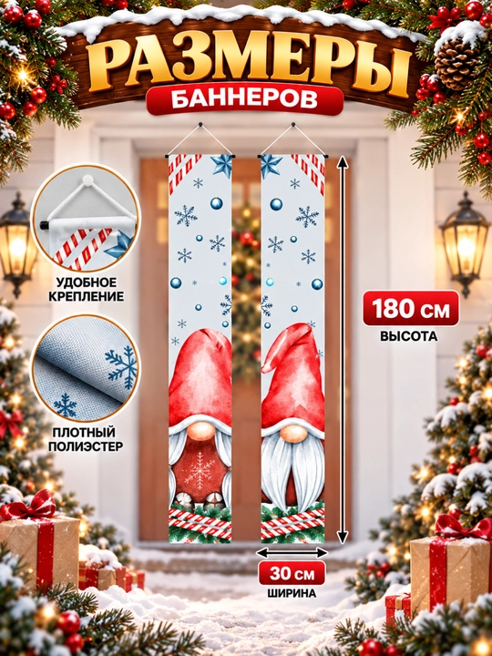 Новогодние баннеры-растяжки с гномами на дверь, окно, стену, набор 2 шт, 5 видов