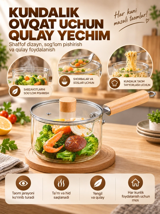 Стеклянная кастрюля с крышкой, прозрачная, 2,5 л, 20×10 см
