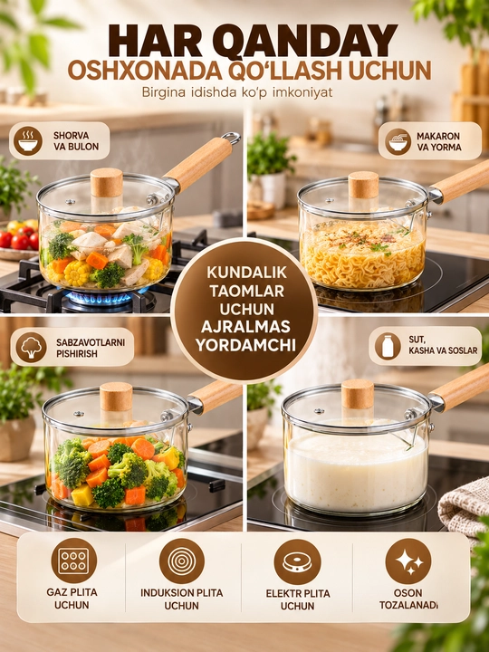 Стеклянная кастрюля с крышкой, прозрачная, 2,5 л, 20×10 см
