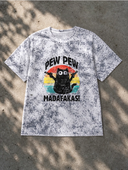 Ayollar uchun Pew Pew mushuk printli keng bichimli futbolka, 100% paxta