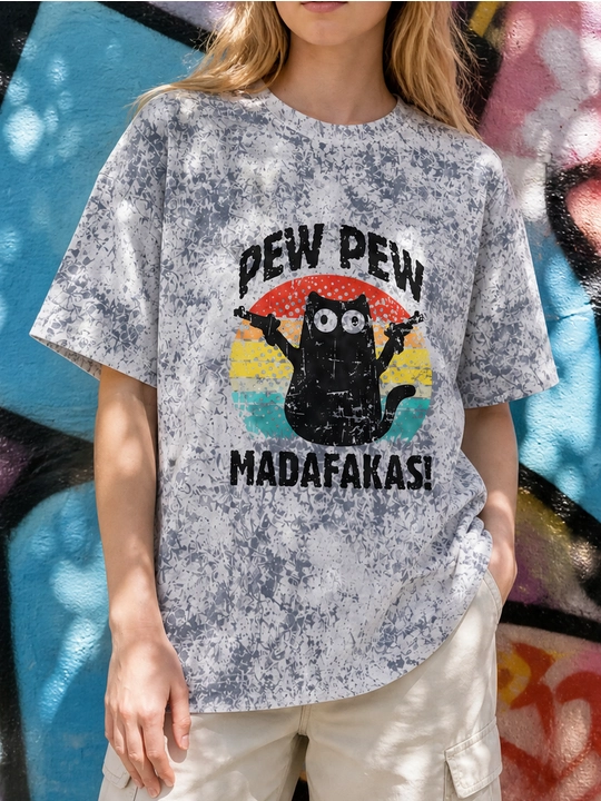 Ayollar uchun Pew Pew mushuk printli keng bichimli futbolka, 100% paxta
