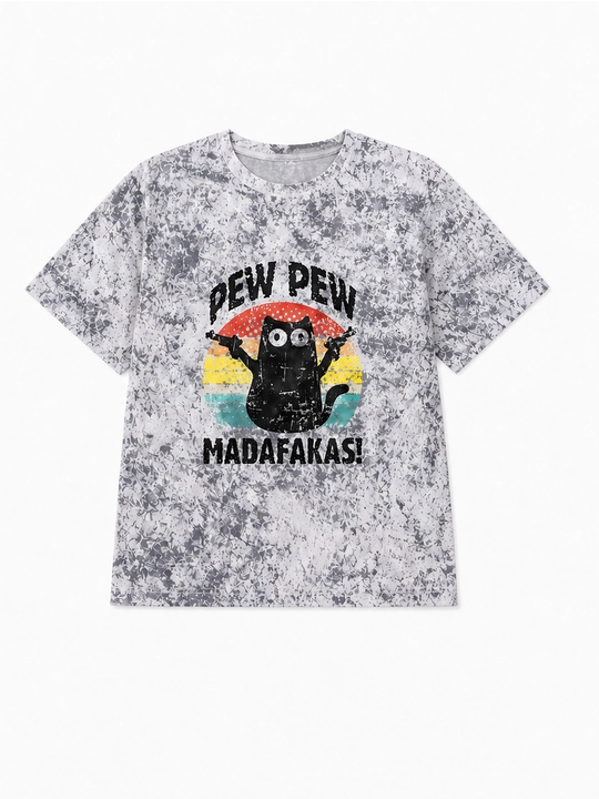 Ayollar uchun Pew Pew mushuk printli keng bichimli futbolka, 100% paxta