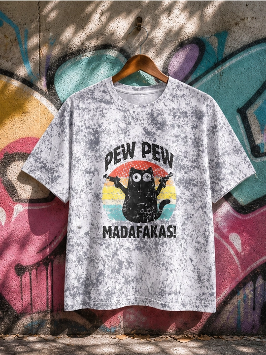 Ayollar uchun Pew Pew mushuk printli keng bichimli futbolka, 100% paxta