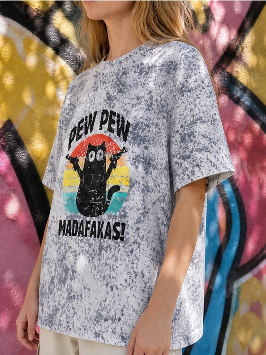 Ayollar uchun Pew Pew mushuk printli keng bichimli futbolka, 100% paxta