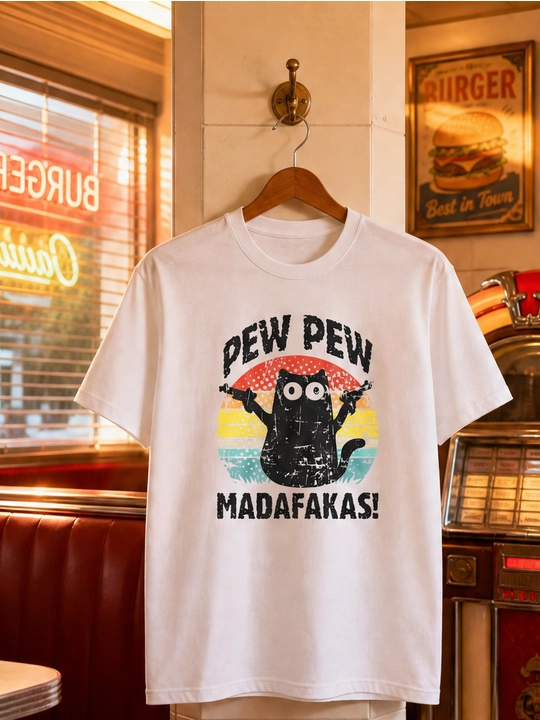 Ayollar uchun Pew Pew mushuk printli keng bichimli futbolka, 100% paxta