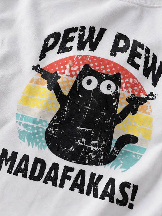 Ayollar uchun Pew Pew mushuk printli keng bichimli futbolka, 100% paxta