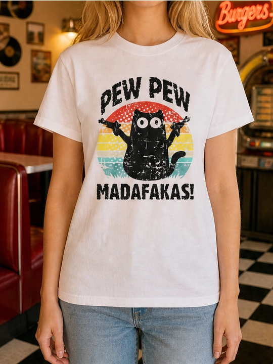 Ayollar uchun Pew Pew mushuk printli keng bichimli futbolka, 100% paxta